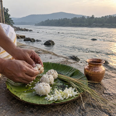 Rice pindas with sesame, kusha grass and white flowers on a leaf plate by a river