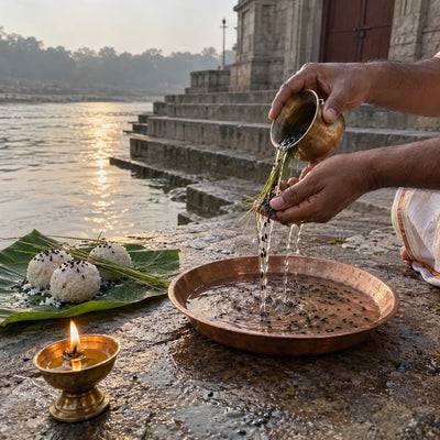 Water with sesame poured through kusha grass for tarpan beside rice pindas