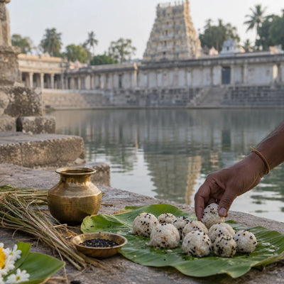 Pinda Pradanam and Tarpanam: pinda pradanam on the steps of a temple tank