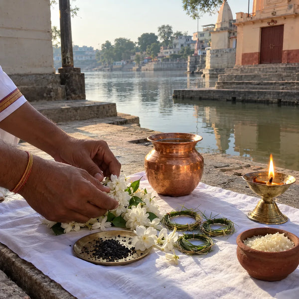White flowers, sesame, kusha grass and a ghee lamp on a white cloth for pitru puja