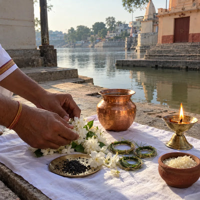 White flowers, sesame, kusha grass and a ghee lamp on a white cloth for pitru puja
