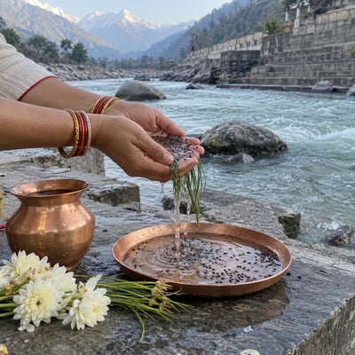 Water with black sesame poured through kusha grass for tarpan by a Himalayan river