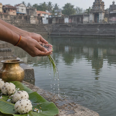 Pitru Tarpana: tarpana with sesame water on the steps of a temple tank