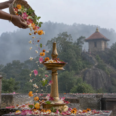 Pushpabhishekam: flowers showered over a brass lamp for pushpabhishekam