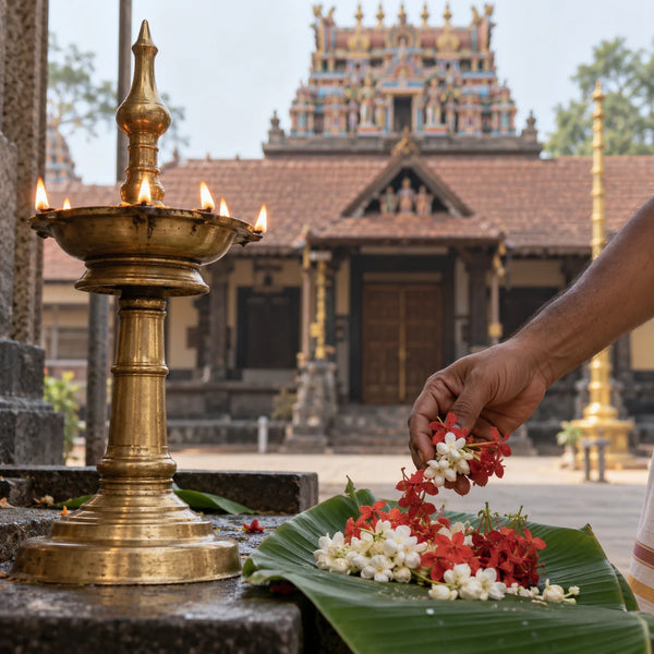 Pushpanjali: red and white flowers offered before a brass lamp