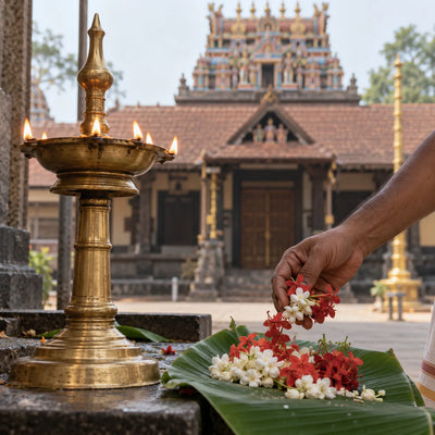 Pushpanjali: red and white flowers offered before a brass lamp