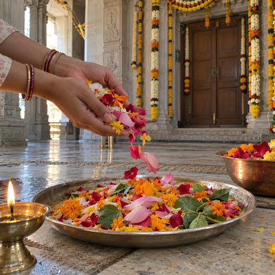 Hands offering rose, lotus and marigold petals with tulsi leaves for pushpanjali