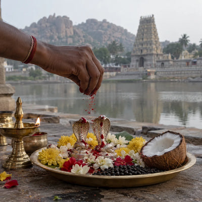 Rahu-Ketu Sarpa Dosha Nivarana Puja: silver serpent images, flowers and a coconut for Rahu-Ketu puja