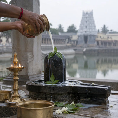 Raja Rajeshwara Abhishekam: milk abhishekam on a Shivling with bilva leaves