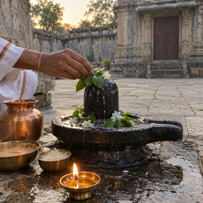 Bilva leaves and white flowers offered on a Shivling with a copper lota and a ghee diya