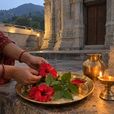 Hands offering red hibiscus and bilva leaves on a brass plate beside kumkum and a ghee lamp