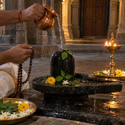 A rudraksha mala held beside a black stone Shivling as water flows from a copper kalash