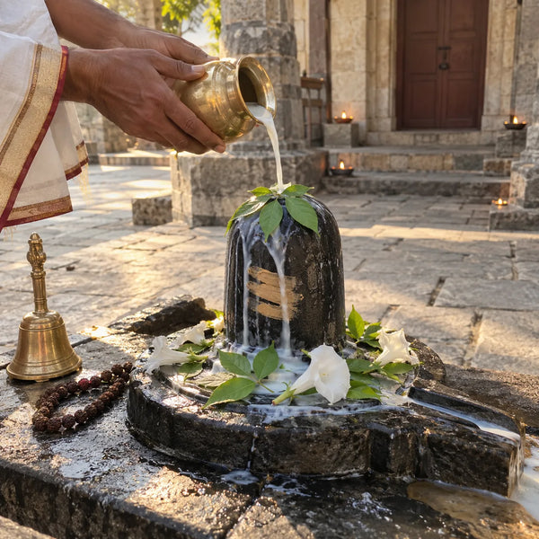 Milk poured over a black stone Shivling with bilva leaves and dhatura flowers