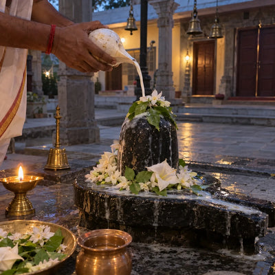 Panchamrit poured from a conch over a black stone Shivling with bilva leaves and white flowers