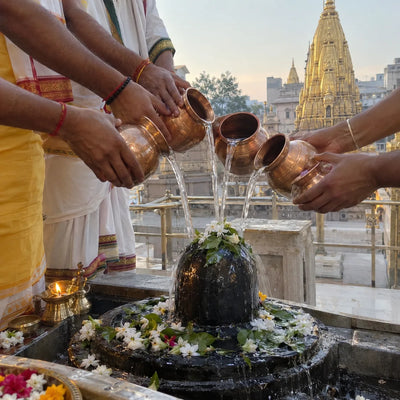 Five priests' hands pouring water together over a Shivling