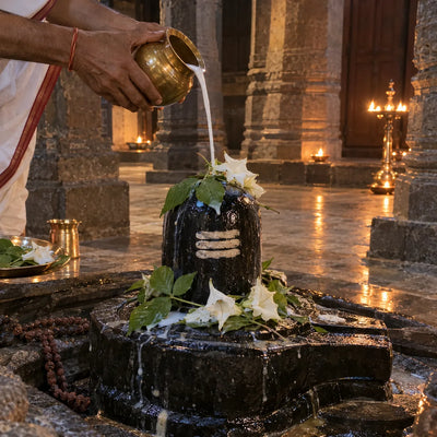 Milk poured over a black stone Shivling with bilva leaves and dhatura for Rudrabhishek