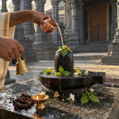 Water poured over a Shivling with a brass bell and a rudraksha mala for Rudrabhishek