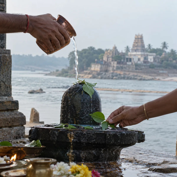 Rudrabhishekam: water poured over a Shivling by a river confluence