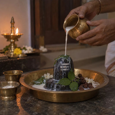 Rudrabhishekam on Pradosham: milk abhishekam on a small Shivling at a home altar at dusk