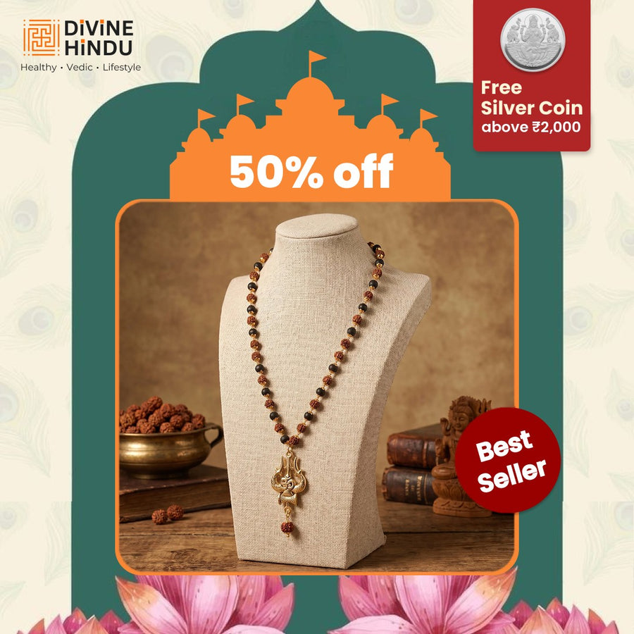Rudraksha Karungali Malai in Gold-Cap with Shiv Trishul & Rudraksha Pendant