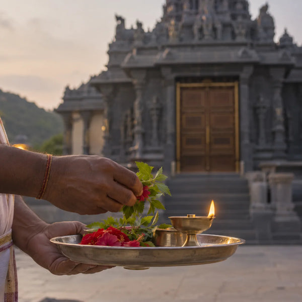 Sahasranamarchana: tulasi and red flowers on a silver plate with a lamp