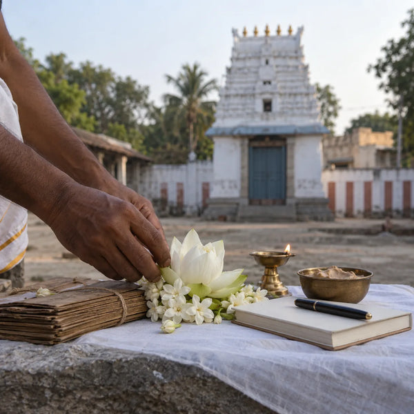 Saraswathi Archana for Learning: white lotus, palm-leaf manuscripts and a notebook and pen for a learning archana