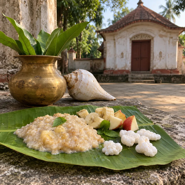 Shinni prasad with batasha, fruits, a kalash and a conch on a banana leaf for Satyanarayan puja