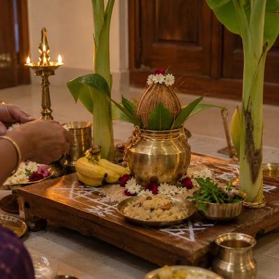 Satyanarayana Vratam on Your Behalf: a Satyanarayana vratam set-up with a kalasam at home