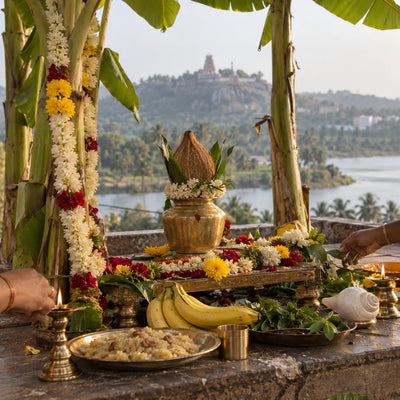 Satyanarayana Vratham: a Satyanarayana vratham set-up with a kalasam and banana stems