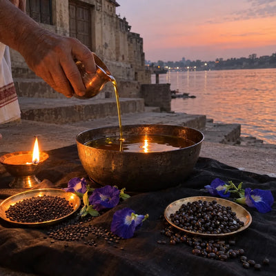 An iron bowl of mustard oil with black sesame, urad dal and blue flowers for Shani tel chadhava