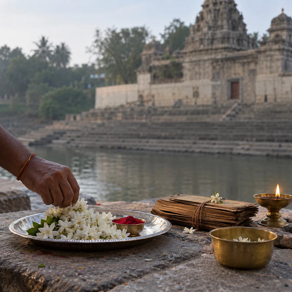 Sharadamba Seva on Your Date: white flowers and palm-leaf manuscripts for a seva to Sharadamba