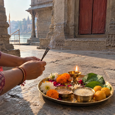 Hands offering incense beside a brass thali of flowers, rice, sandal paste, sweets and a lamp