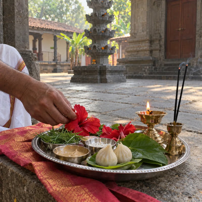 A silver puja thali of durva, flowers, modaks, sandalwood and a ghee lamp