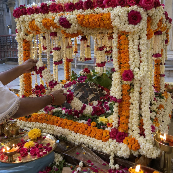 A phool bangla flower pavilion of jasmine, marigold and roses