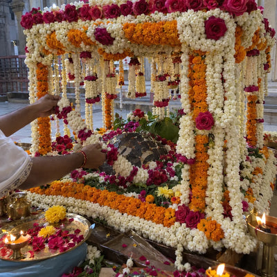 A phool bangla flower pavilion of jasmine, marigold and roses