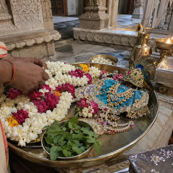 Embroidered poshak, garlands and a peacock-feather crown for shringar seva