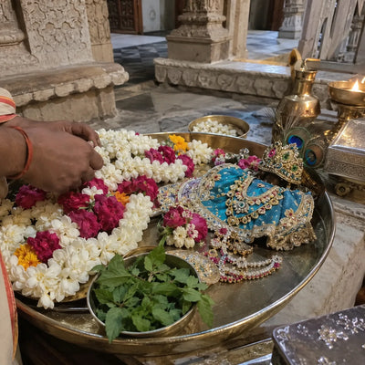 Embroidered poshak, garlands and a peacock-feather crown for shringar seva