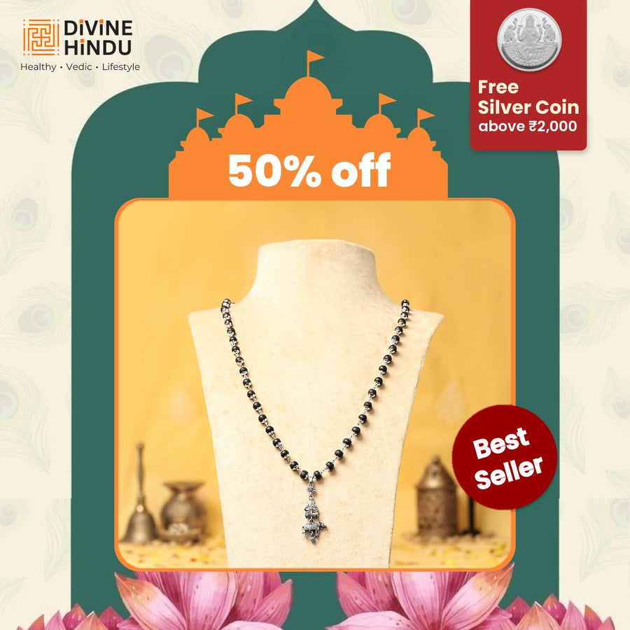 Silver Cap Karungali Mala with Trishul Nandi Pendant