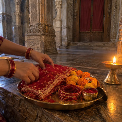 Hands arranging a red silk chunri, marigold garlands, bangles and sindoor on a brass plate