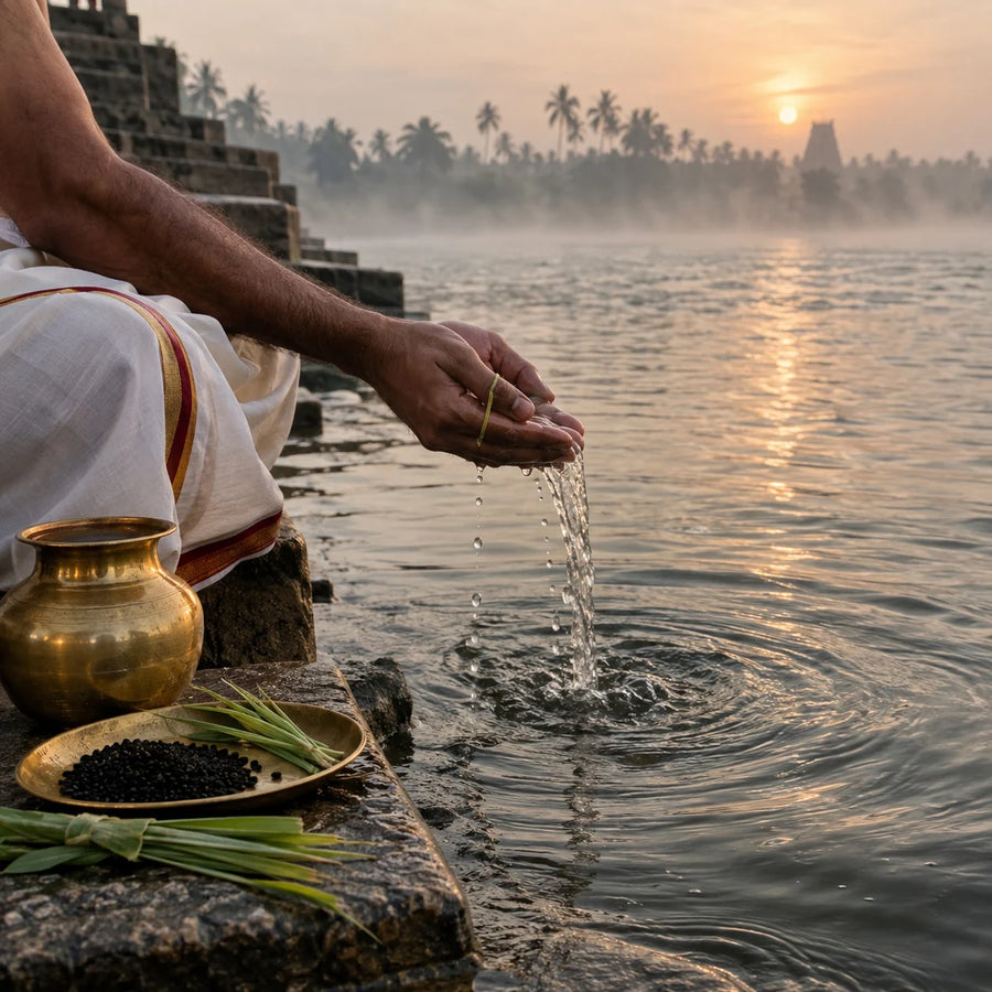 Tarpan: sesame water offered from cupped hands into the river at a stone ghat