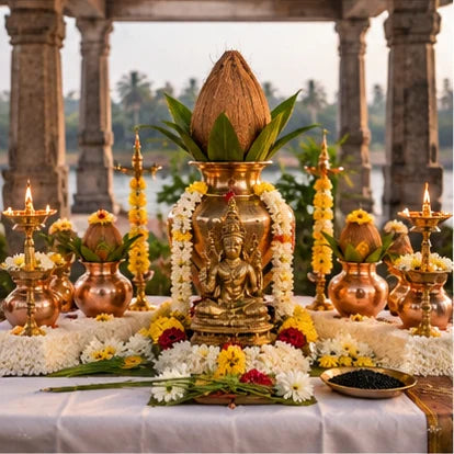 Narayana Bali setup: kalashas, brass lamps and an image of Lord Vishnu