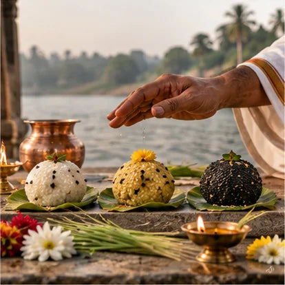 Tripindi Shraddha: three pindas on banana leaves by the river