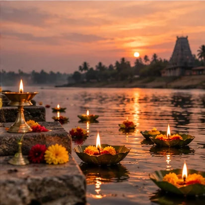 Oil lamps floating on the Kaveri at dusk
