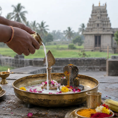 Subrahmanyeswara Abhishekam: milk poured over a brass vel and a serpent image