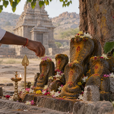 Subramanya Archana: flowers offered to stone serpent images with a brass vel