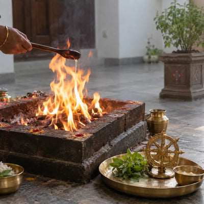 Sudarshana Homam: a homam fire with a brass chakra emblem and tulasi