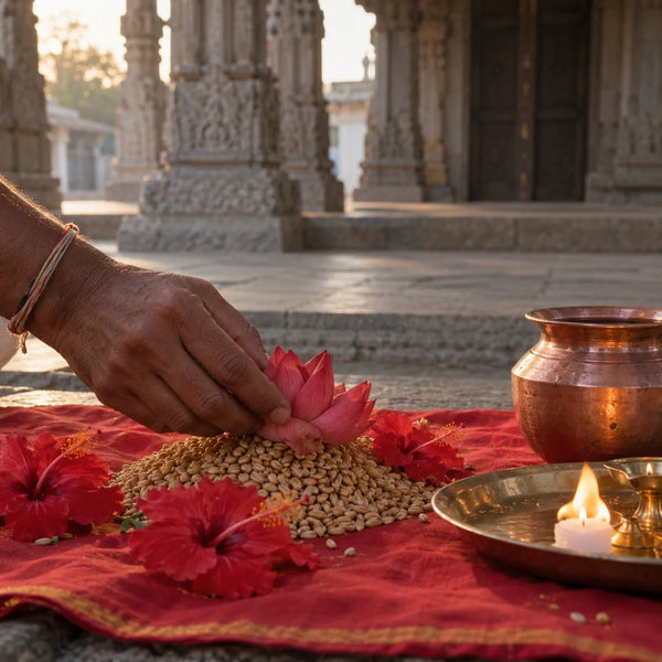 Surya Archana: red lotus, wheat and a camphor flame for Surya archana