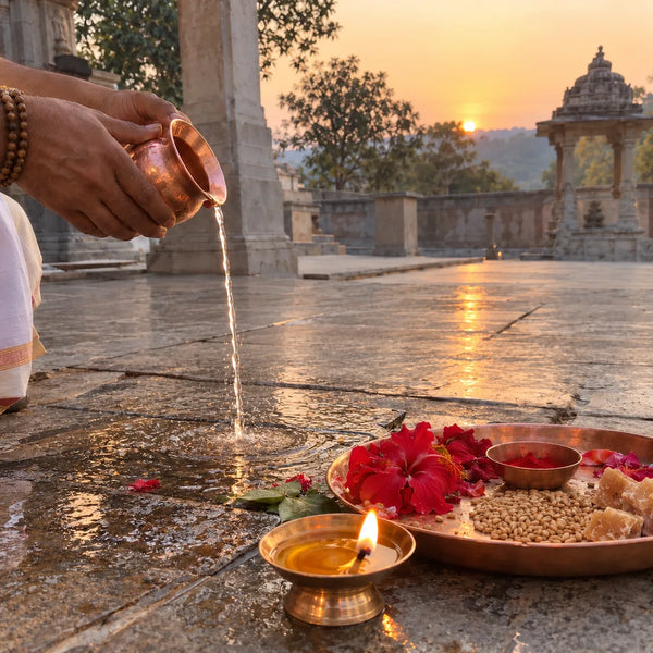 Water offered from a copper lota with red flowers, wheat and jaggery for Surya graha shanti