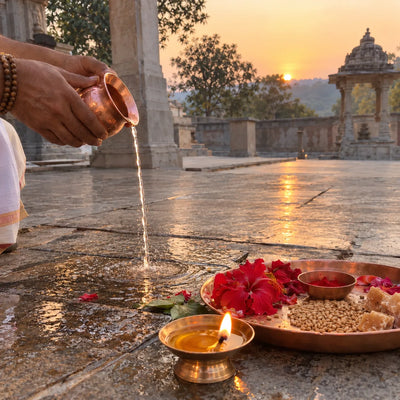 Water offered from a copper lota with red flowers, wheat and jaggery for Surya graha shanti