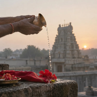 Surya Namaskaram: water offered to the rising sun from a copper vessel